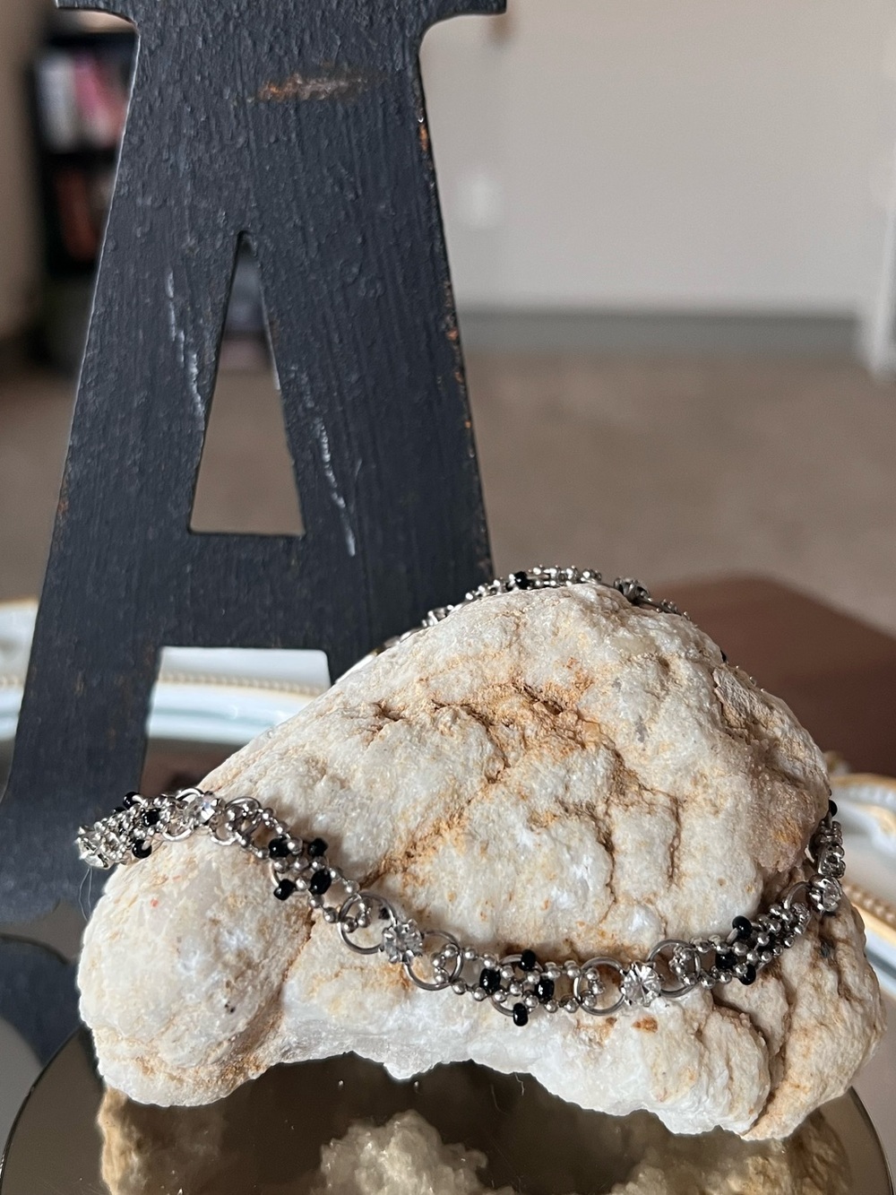 Delicate Vintage Hematite Beaded Chain Anklet